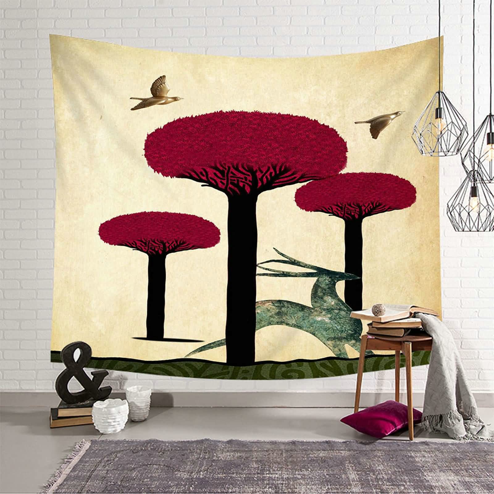 KnSam Tapestry, Wall Hanging Trees and Elk Wall Decoration Made of Polyester Tapestry Red Black 300 x 260 cm
