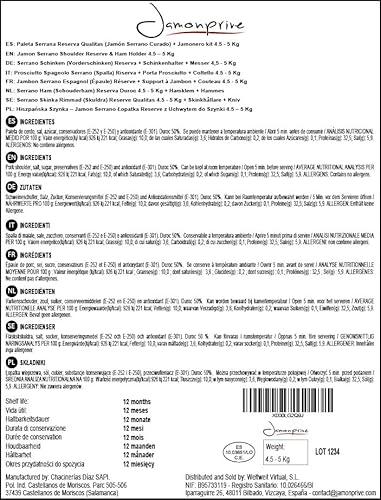 Serrano Schinken (Vorderschinken) Reserva + Schinkenhalter + Messer 4,5 - 5 Kg - Spanischer Schinken
