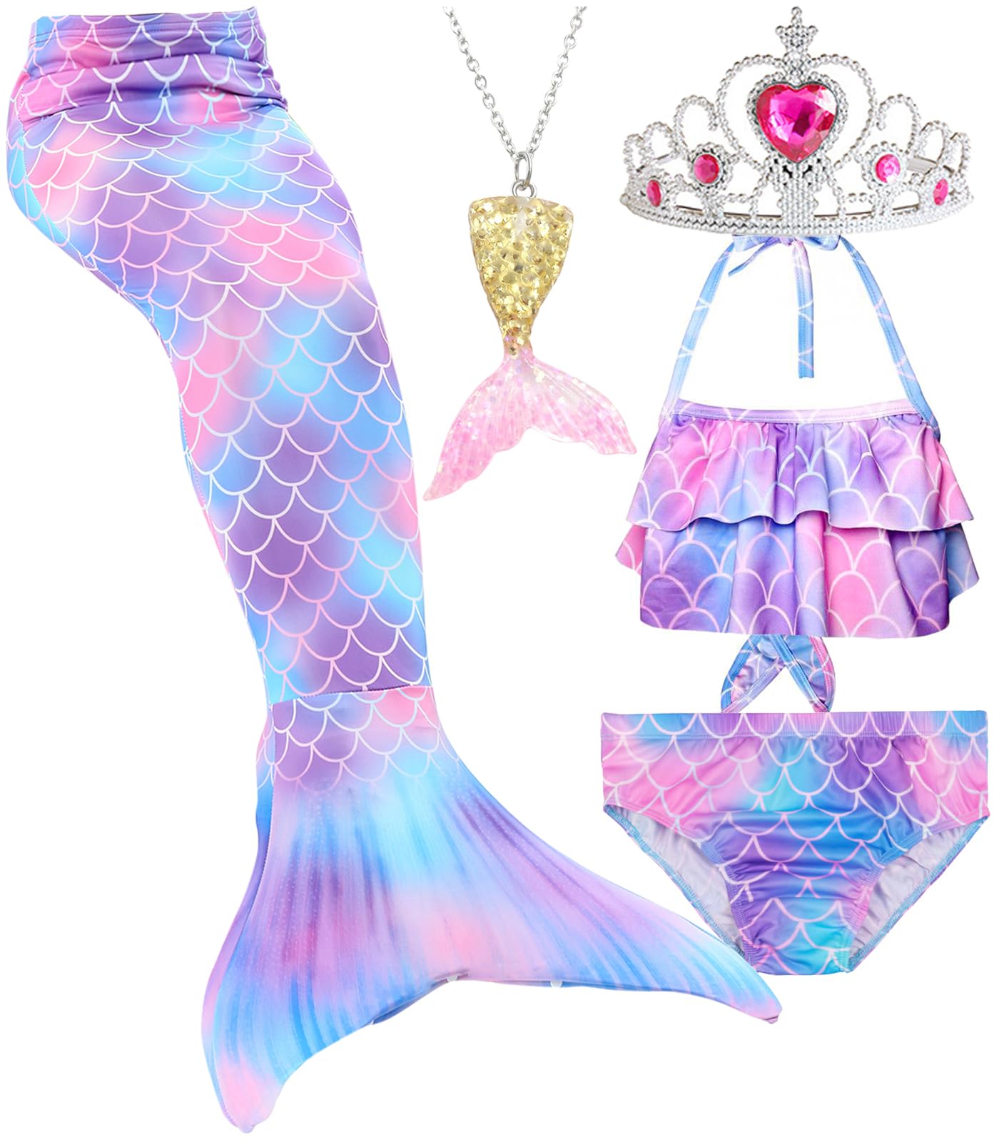 WOPLAY Mermaid Tails for Swimming for Girls 5Pcs Mermaid Swimsuit for Girls Princess Bikini Bathing Suit Set (No Monofin)
