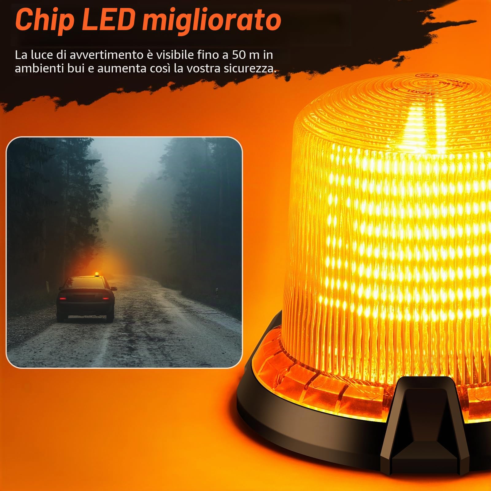 led Lampeggiante Arancione 2 Funzioni Flash Rotazione 12v/24v Lampeggianti per Trattori con 5m Cavo Alimentazione Base Magnetica, Luce Emergenza Veicoli Agricoli