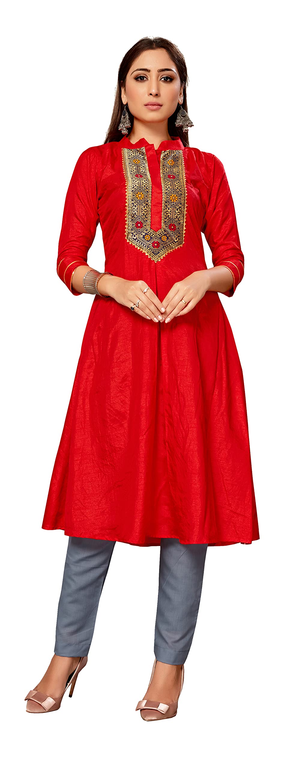 Zeyan Fabrics Jacquard Yoke 3/4 Sleeve Mustard Standing Collar Kurti