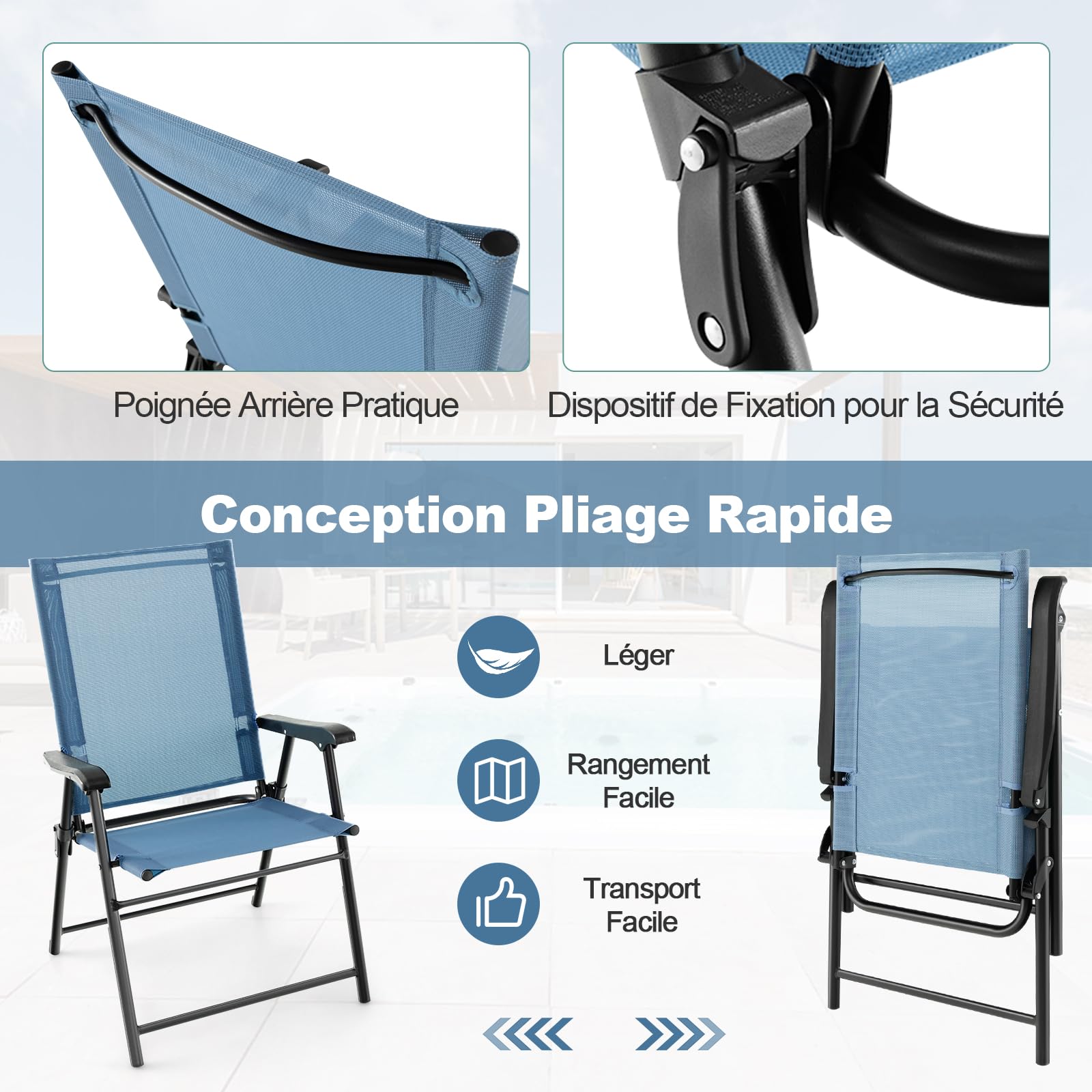 GOPLUS Lot de 2 Chaises de Jardin Exterieur Pliante avec Accoudoirs, Tissu Respirant & Cadre Métallique, Fauteuil de Jardin Léger et Portatives, Idéal pour Patio, Terrasse (2, Bleu, 65 x 60 x 93 cm)