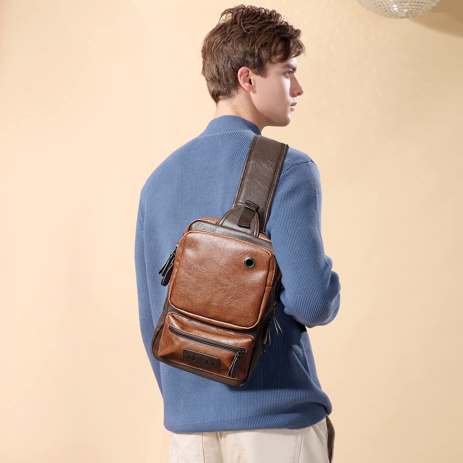 AONEGOLD Bolso Pecho Hombre Pequeña Piel Vintage Mochila de Cuero PU Bandoleras Cruzada Sling Bag Crossbody Puerto de Carga USB Bolsos Cruzados