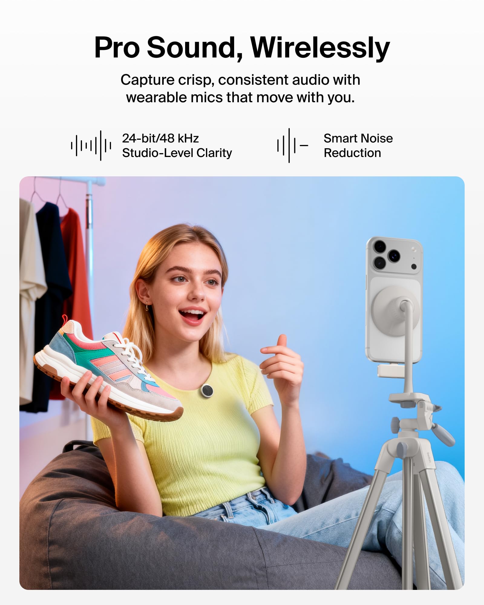 Belkin Stage Microfono Wireless a clip, 2 Microfoni Lavalier Omnidirezionali per Video Social per iPhone, Android, 24 bit/48 kHz, Batteria da 36 ore, Riduzione del rumore, per YouTube, Podcast e Vlog
