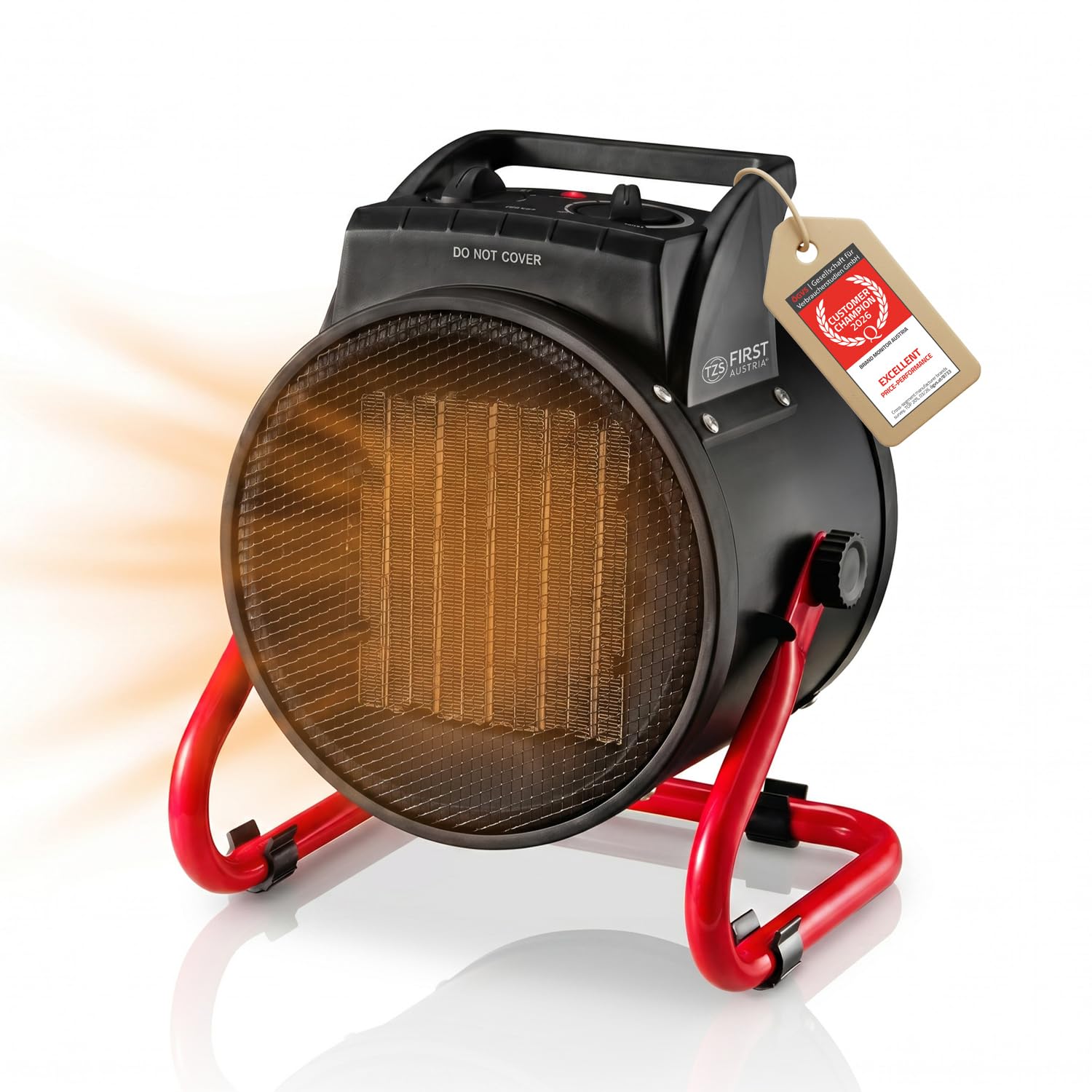 TZS First Austria - Calefactor cerámico 3000W - Termostato, 2 potencias, inclinable y asa - Ideal para taller y garaje - Negro