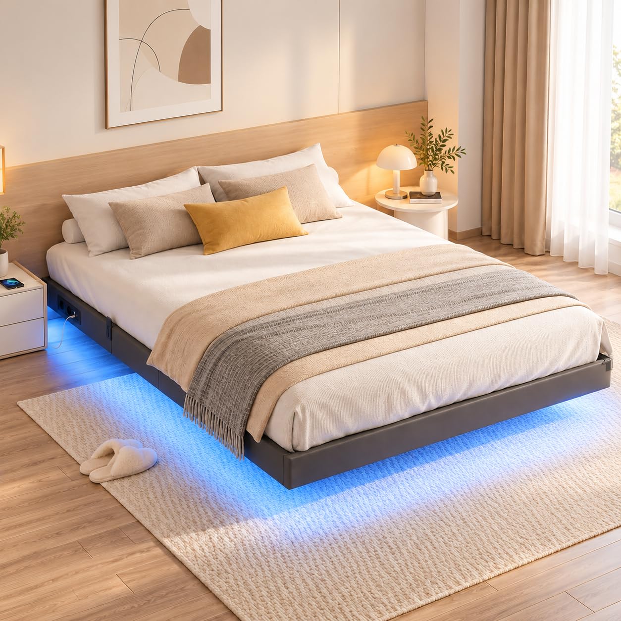 IRONCK Bettgestell 140x200 mit LED-Beleuchtung & Ladestation, Schwebebett | Bett 140x200 mit Gepolsterte Seitenwände, 2 AC-Steckdosen, USB-A & USB-C, Metallbett mit Lattenrost Doppelbett, Grau