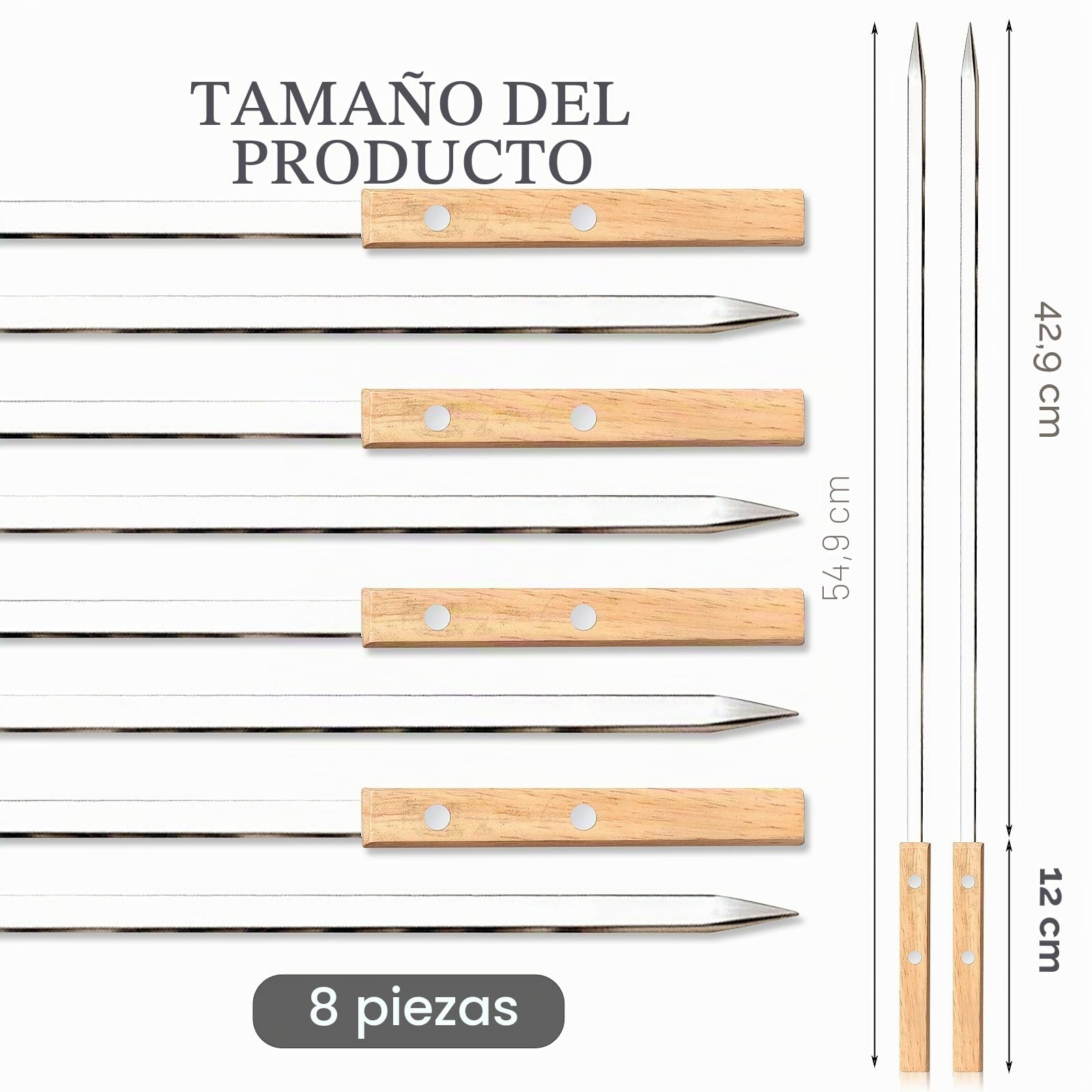 8 Piezas Brochetas Barbacoa Planas de Acero Inoxidable 55 cm Brochetas Extralargas con Mango de Madera Brochetas de Barbacoa Reutilizables Pinchos de Metal