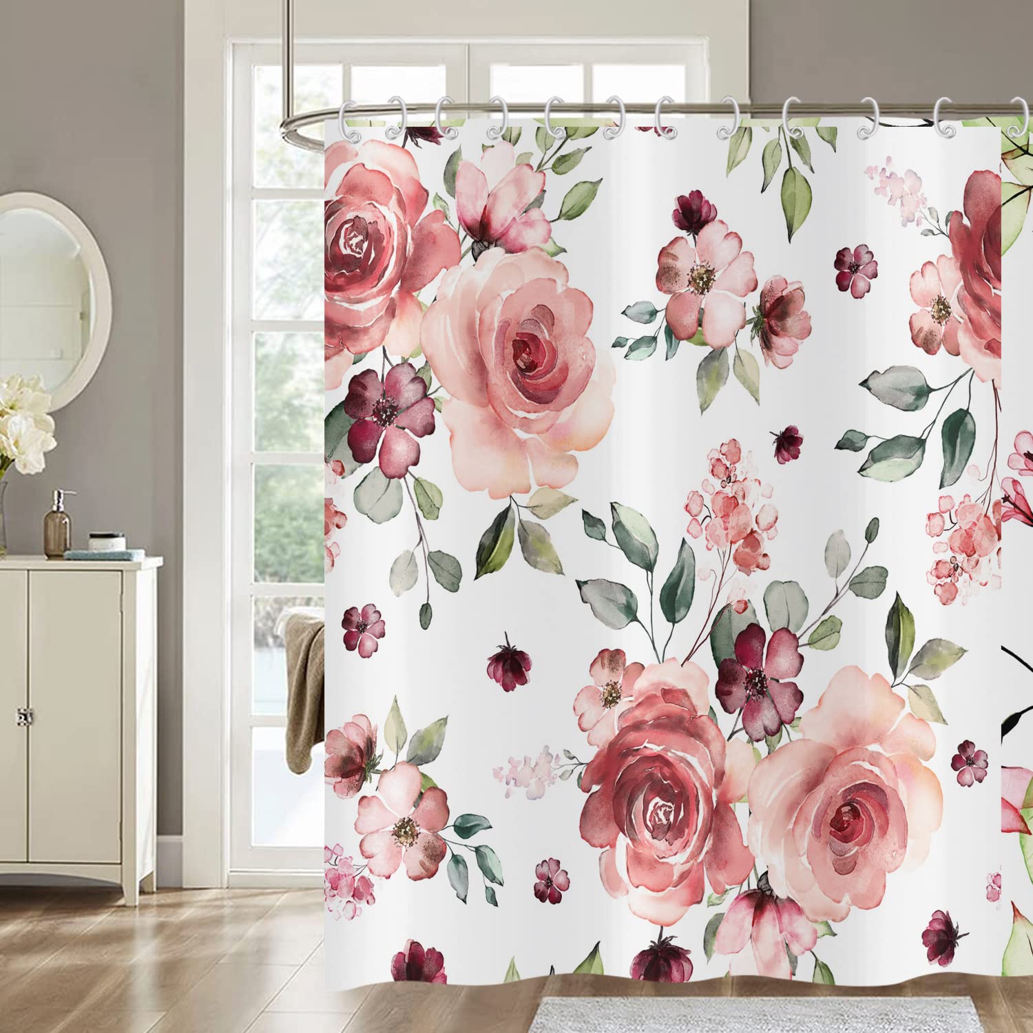 Hnmdmyi Floral Shower Curtain 120x180, Vintage Pink Rose Flower with Green Leaf Elegant Blossom Plant Nature Aesthetic Bathroom Curtains Waterproof Polyester Fabric Washable Bath Curtains with Hooks — image 1