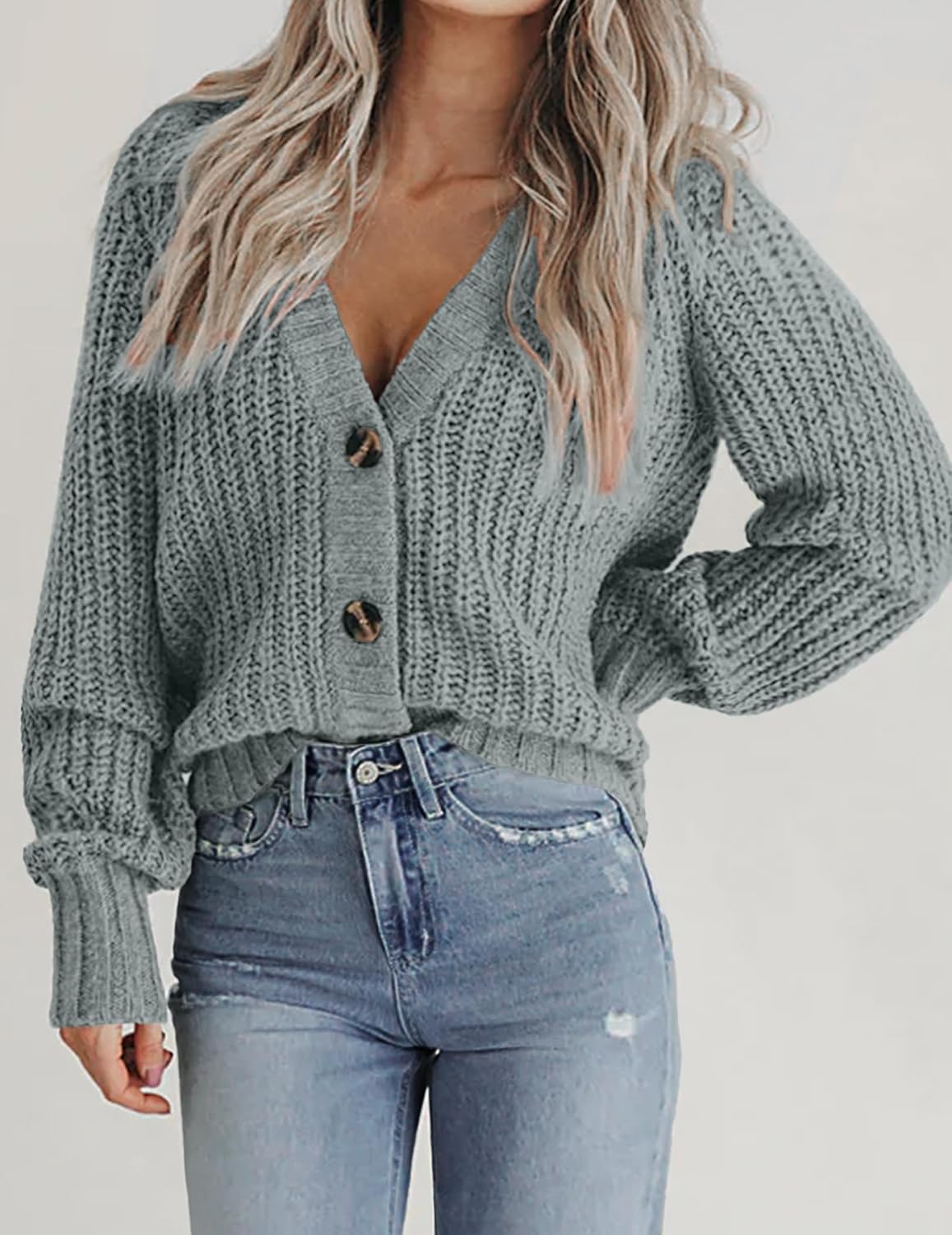 Zeagoo Women's 2026 Fall Chunky Knit Cardigans Open Front Long Sleeve V Neck Button Loose Cardigan Sweaters - Image 3