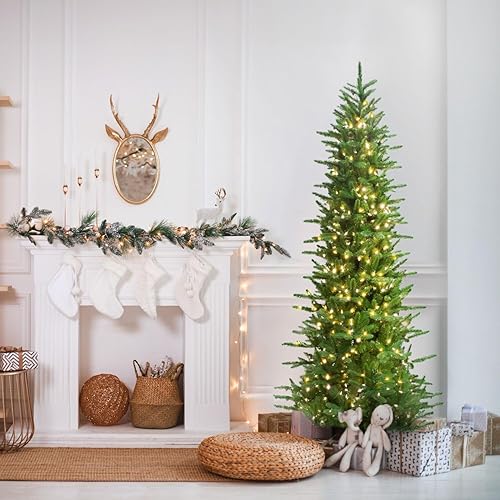 Miniatura 48 de Fraser Hill Farm Árbol de Navidad artificial de pino carmel delgado de 7.5 pies con luces inteligentes incandescentes blancas y soporte, árbol falso