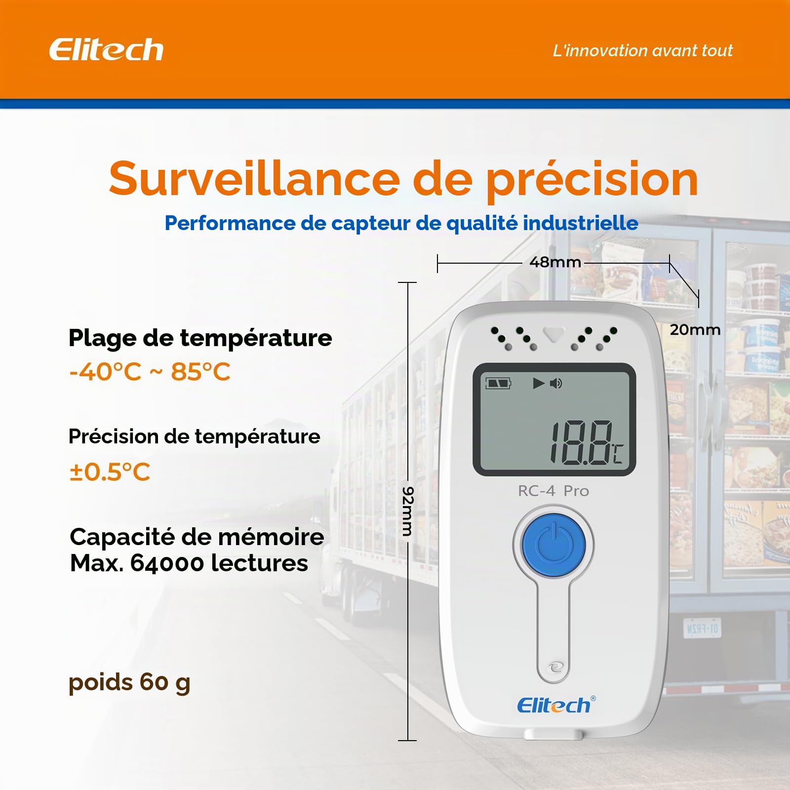 Elitech 5PCS Enregistreur de Température USB, Data Logger pour Réfrigérateur Médical, Stockage Vaccins, Surveillance Chaîne du Froid 64 000 Données, Exportation Auto PDF/CSV, RC-4