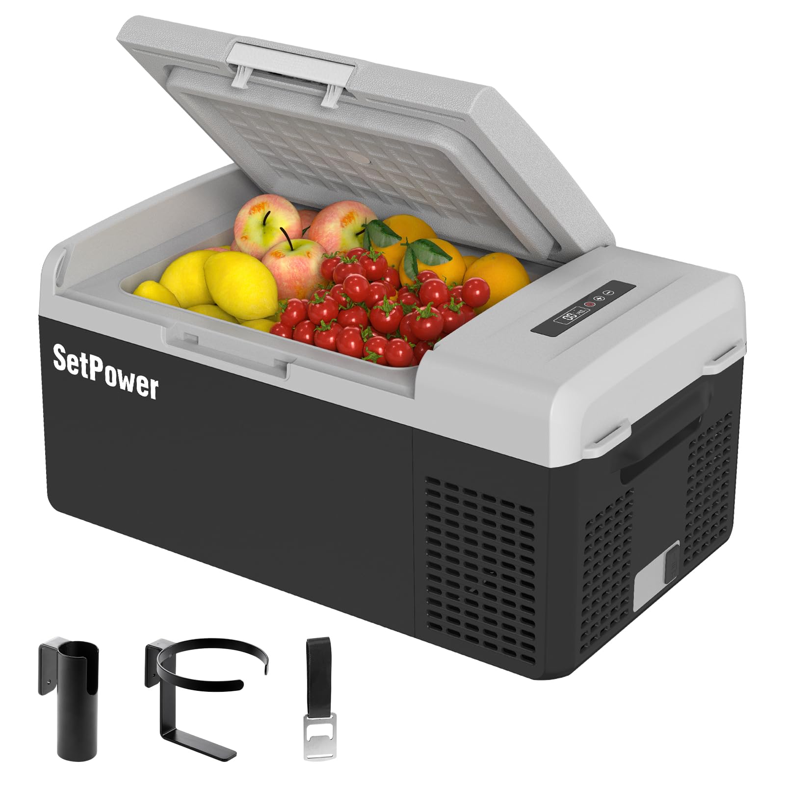 Setpower FC15 Portable 12v Refrigerator, -4℉-68℉ Fast Cooling Car Refrigerator, 15L/15.8Qt Car Fridge Portable Freezer with 12/24V DC & 110/240V AC, Electric Cooler (Black&Grey, 15L With AC Adapter)