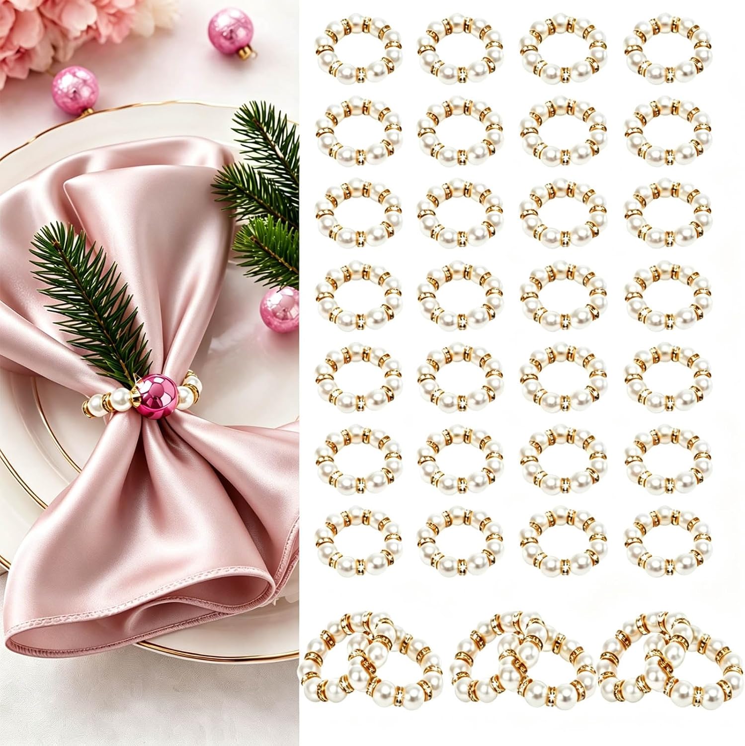 240Pcs Gold Pearl Napkin Rings Bulk Imitation Pearl Napkin Ring for Wedding