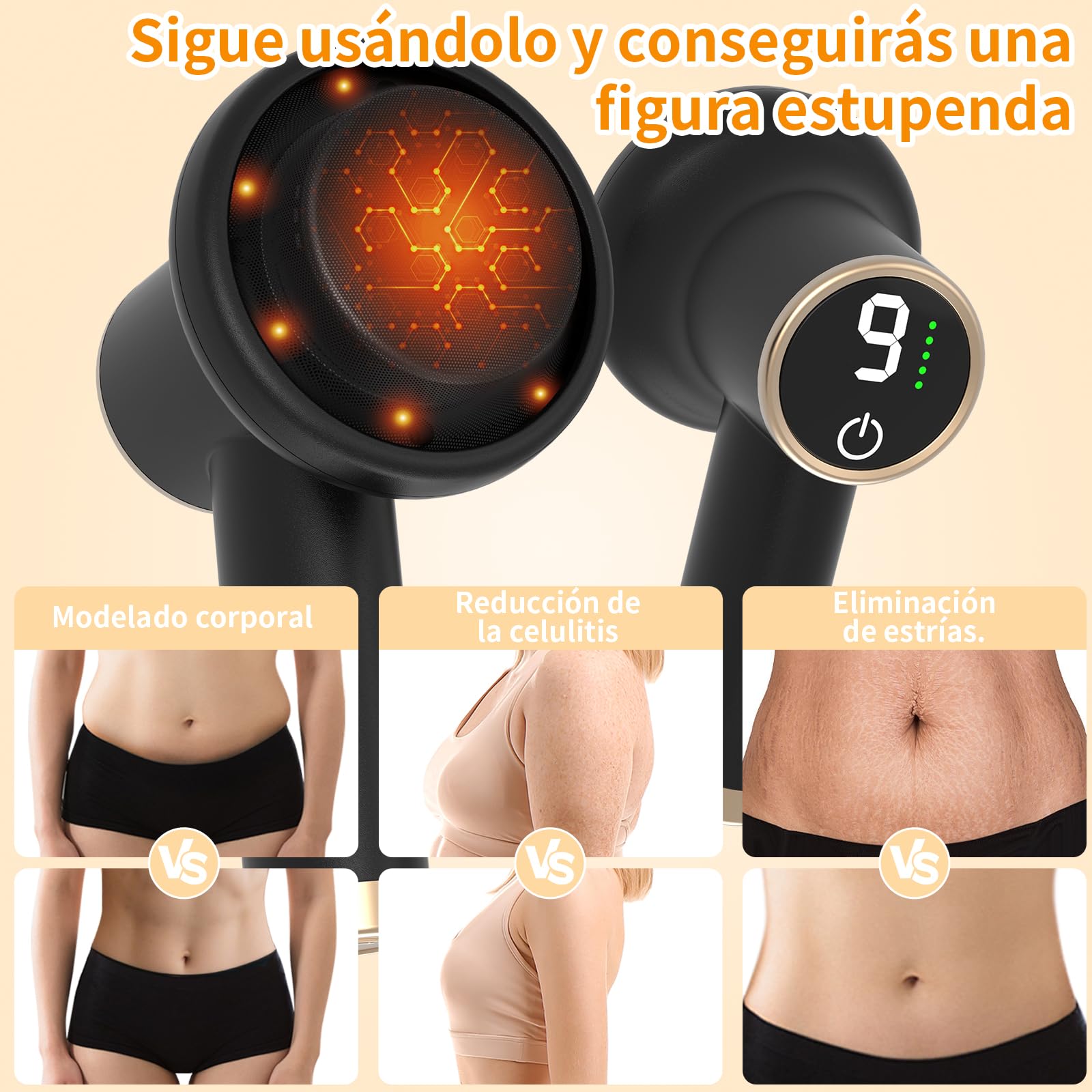 Masajeador Reductor y Anticelulítico Eléctrico, Masajeador Corporal de 9 Velocidades con Batería de Larga Duración, 8 Cabezales Intercambiables, Tonifica y Reduce Grasa en Brazos, Piernas, Negro