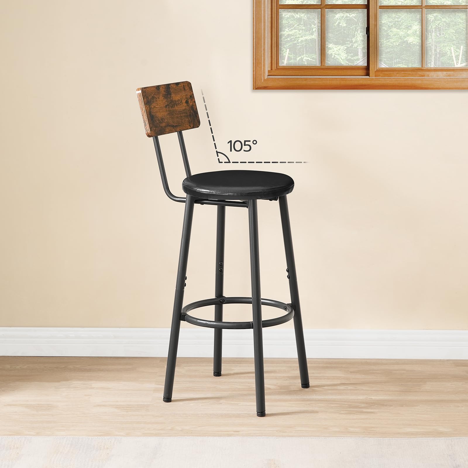 HOOBRO Lot de 2 Tabourets de Bar avec Dossier, Chaises de Bar rembourrés en PU, Chaises Hautes avec Repose-Pieds, pour Cuisine, Salon, Bar, Pieds Réglables, Marron Rustique et Noir EBF31BY01