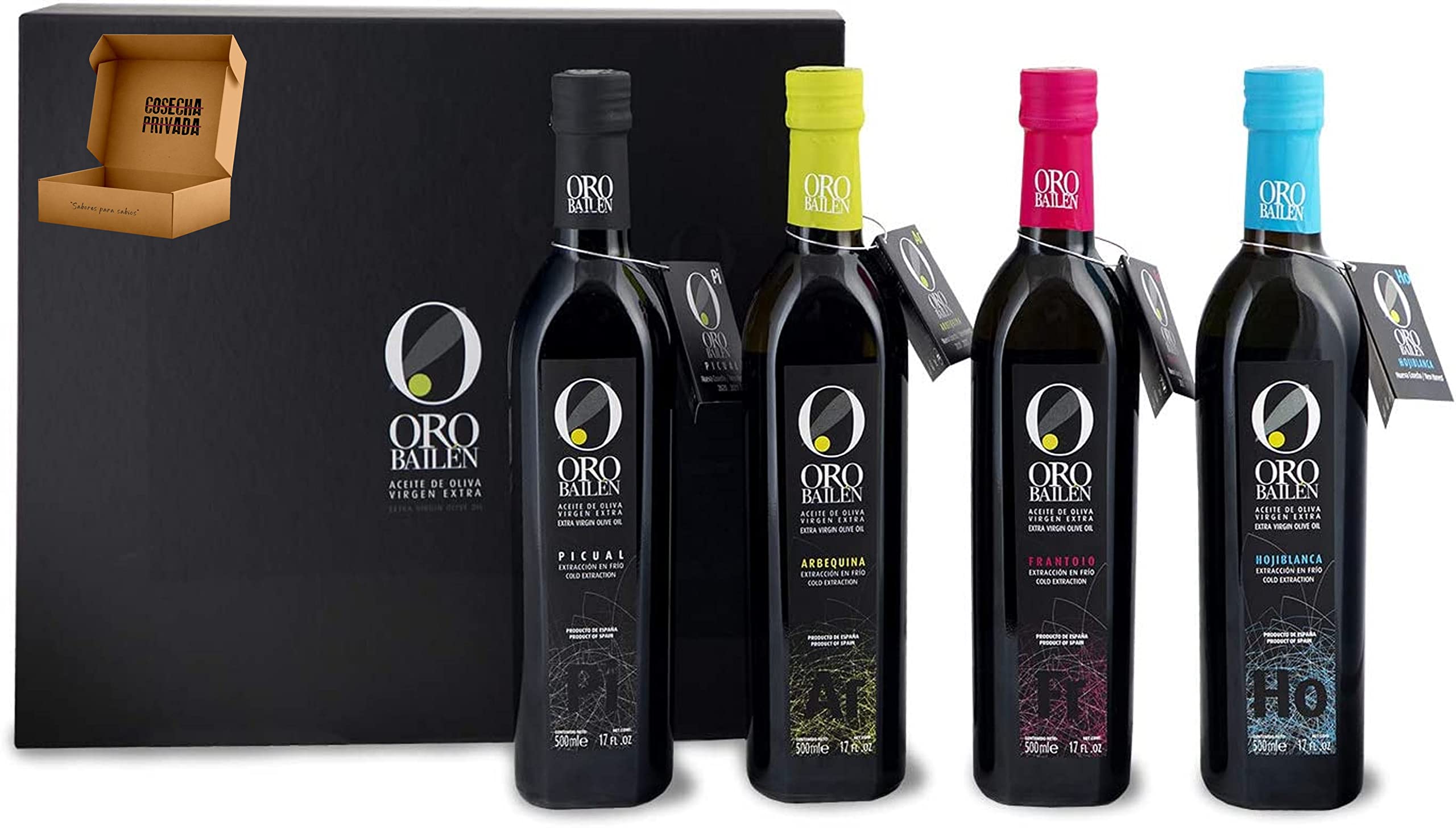 Aceite Oro Bailén - Envío 24 h - Aceite Regalo -Cosecha Privada (Picual, Hojiblanca, Frantoio y Arbequina, Estuche Deluxe)