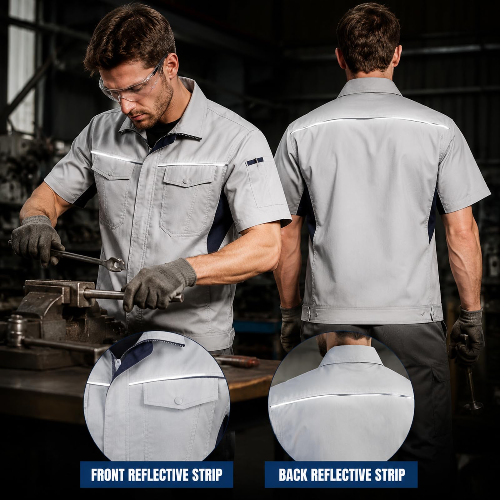 Camicia da lavoro a maniche corte da uomo, ad alta visibilità, riflettente, di sicurezza, uniforme con logo personalizzato