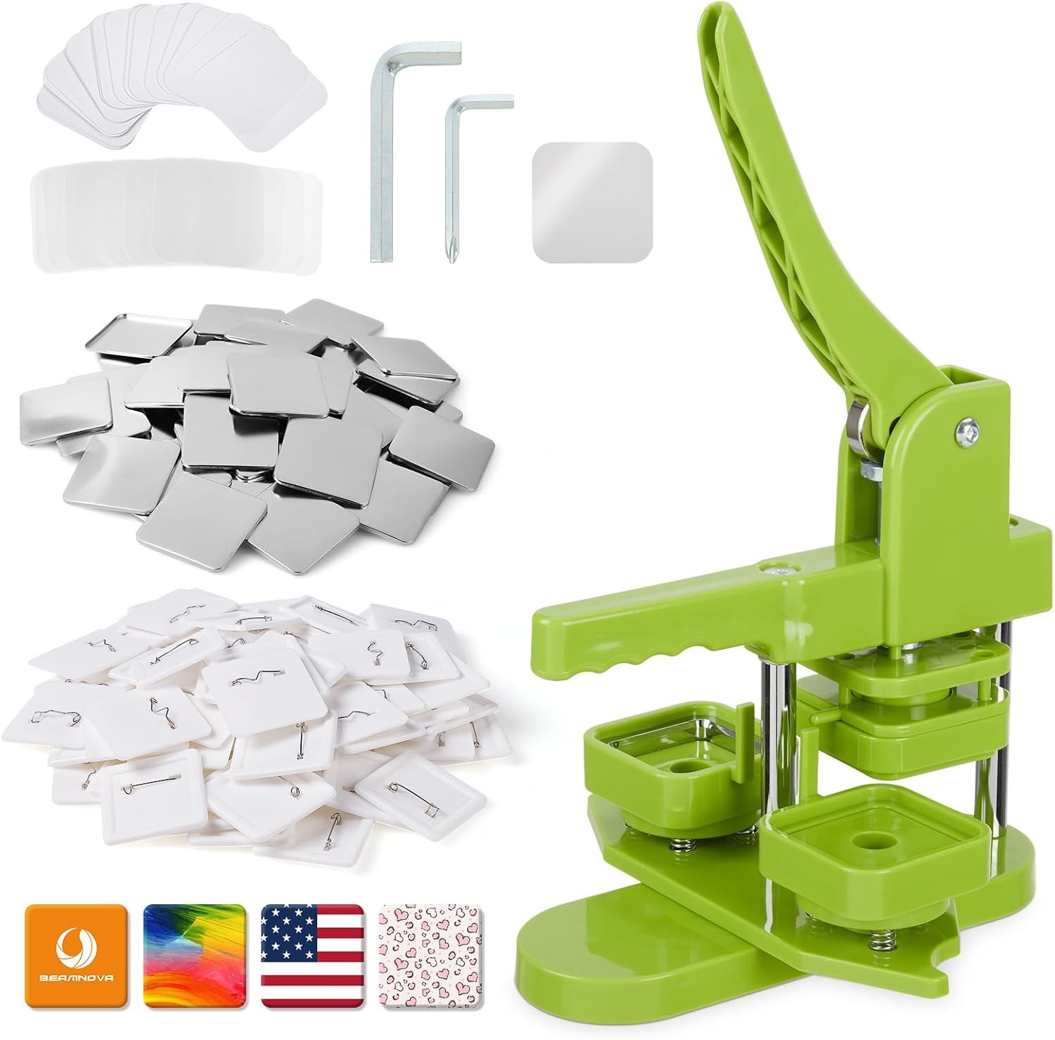 BEAMNOVA Square Button Maker Machine with 100 Sets of Button Supplies Parts, 50 * 50mm / 1.97 * 1.97 inch Hand Press Pin Badge Making DIY Craft Items, Green Green 50*50 cm / 1.97*1.97 in