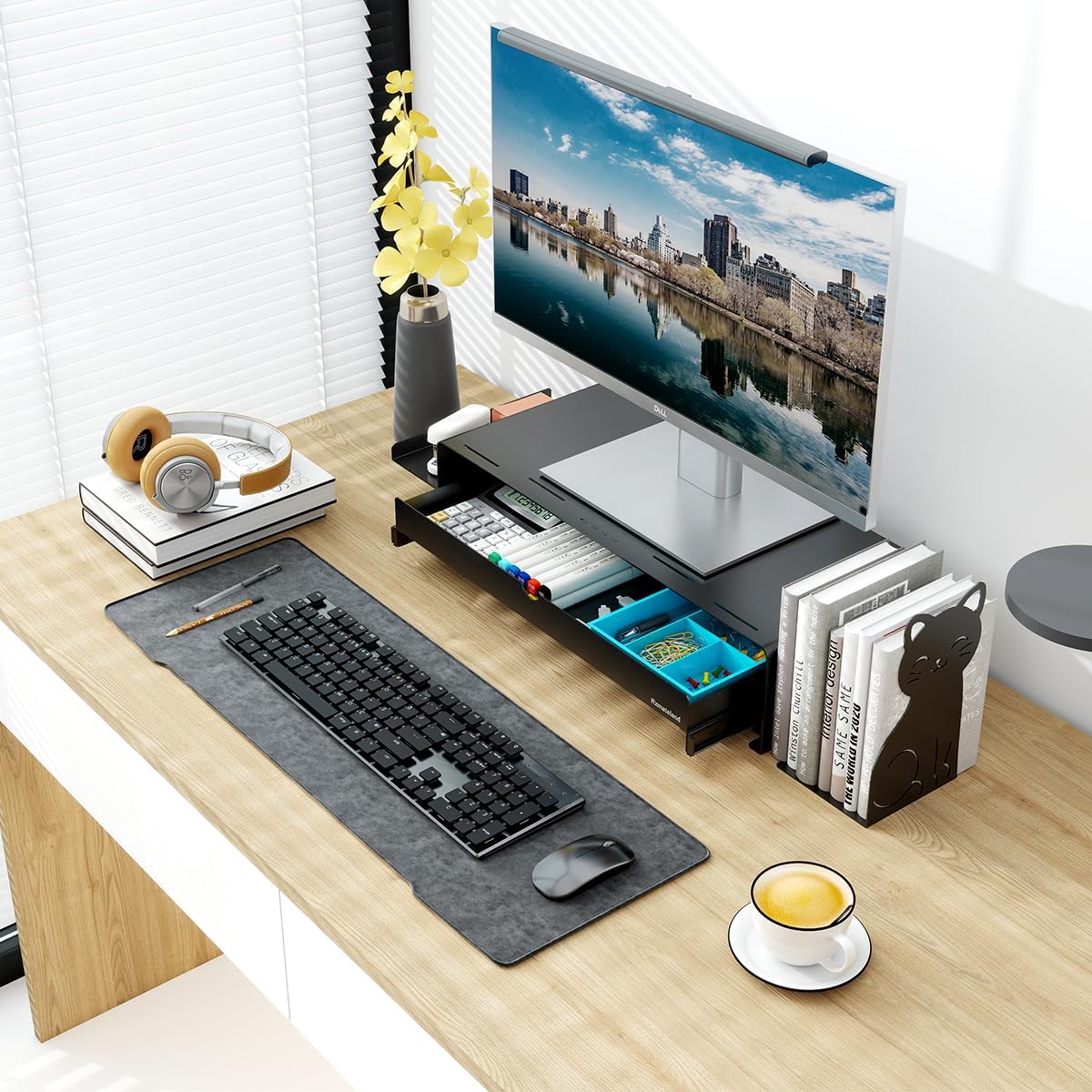 Metal Monitor Stand with Drawer Desk Organizer Heavy-duty Steel Home,Office,Dorm Desk Accessories Computer,Printer,Laptop,Notebook,iMac,Stand with Storage Tray Silent Slide Drawer Minimalist Industrial Style Workspace Organizer