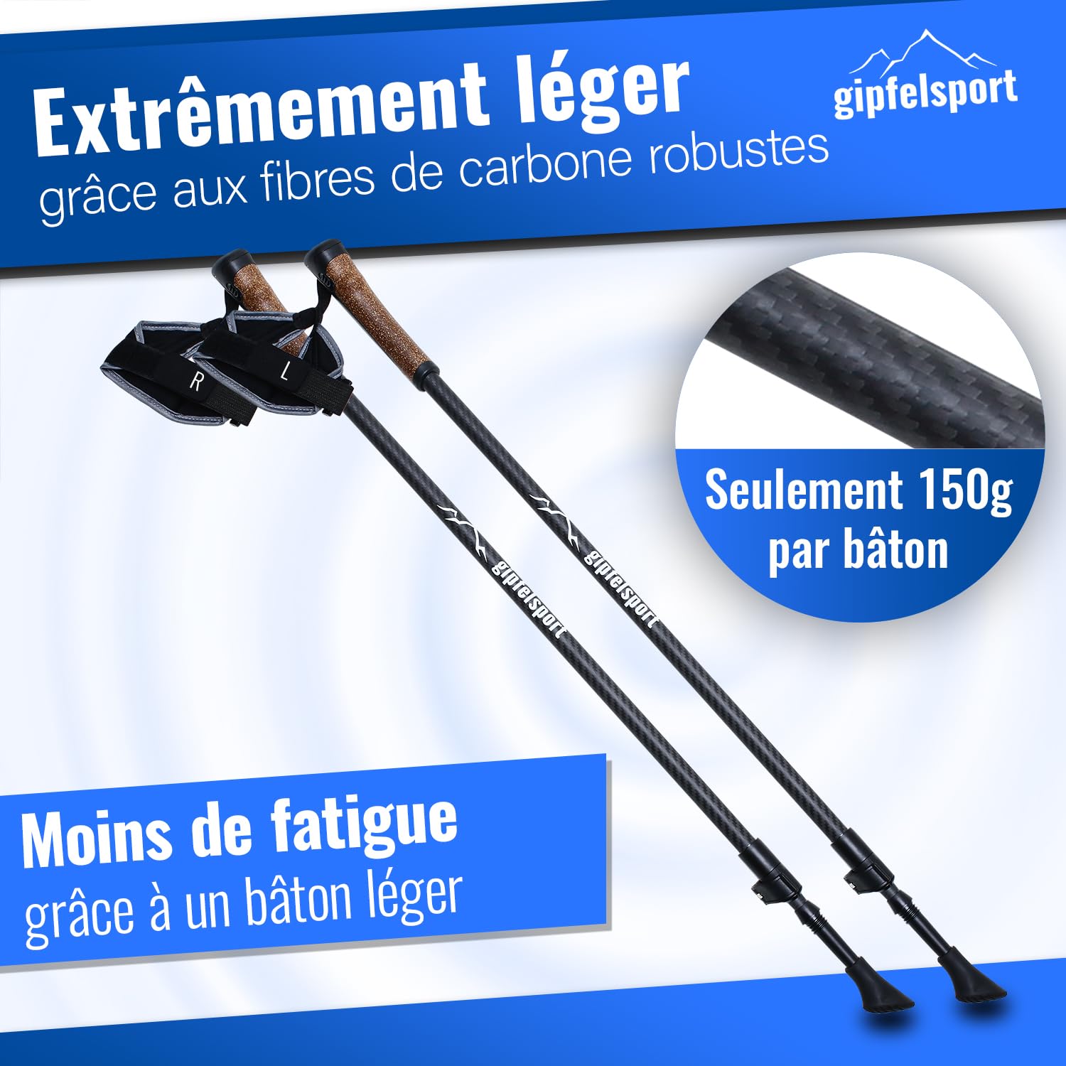 gipfelsport Bâtons de marche nordique en carbone et aluminium – Bâtons de marche télescopiques réglables | Bâtons de marche nordique pour homme et femme | Bâtons de marche réglables de 77 cm à 120 cm