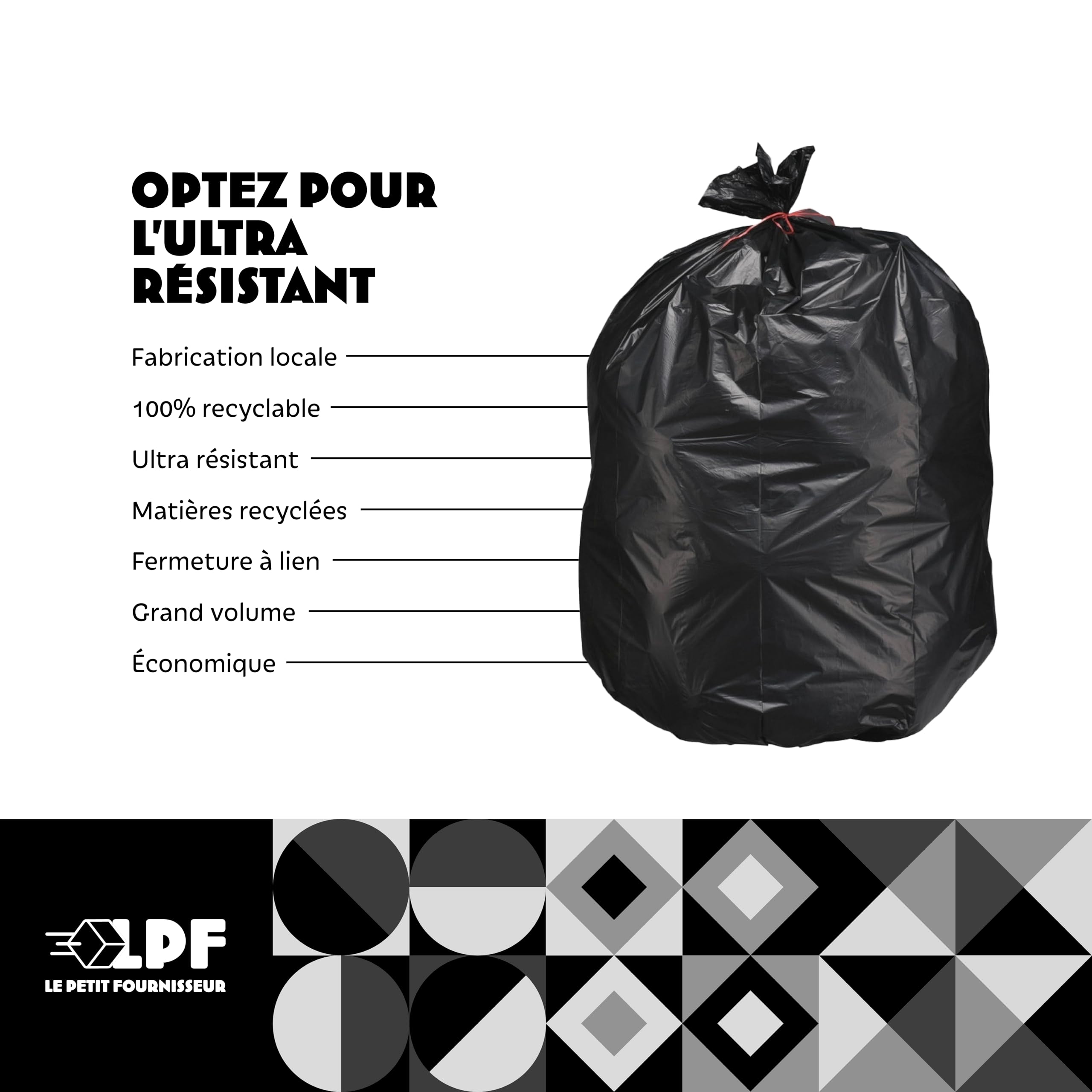 LPF LE PETIT FOURNISSEUR - Lot de 200 Sacs Poubelle 50L - Sacs Grand Volume - 100% Recyclable - 35µ - PEBD recyclé - Qualité Professionnelle - Haute Résistance poids et objets coupants - Couleur Noir