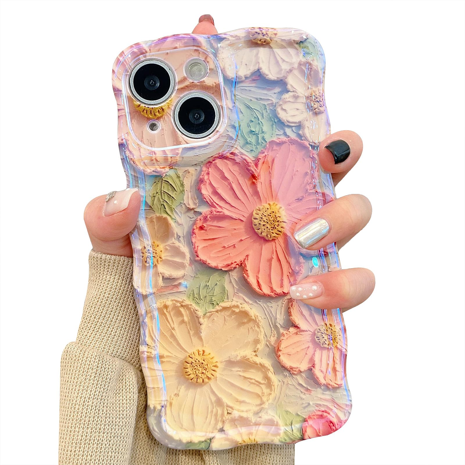 UEEBAI Flower Case for iPhone 15 Case, Colorful Retro Oil Painting Girly Phone Cover Pretty Glossy Pattern Wave Cover Cute Sparkly Floral Curly Shell