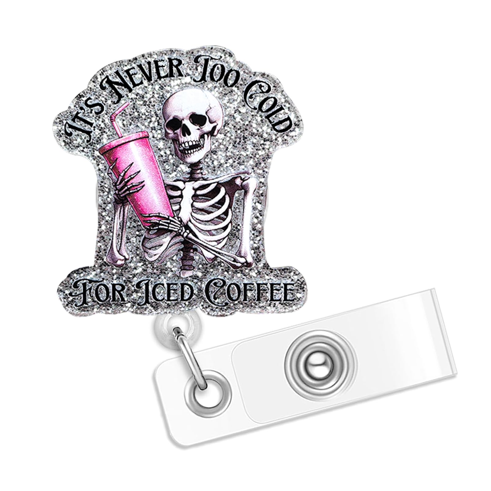It's Never Too Cold for Iced Coffee Badge Reel, Funny Coffee Skeleton Badge Reel ID Holder, Cute Spooky Ghost Skull Radiology Skeleton Sarcastic ER