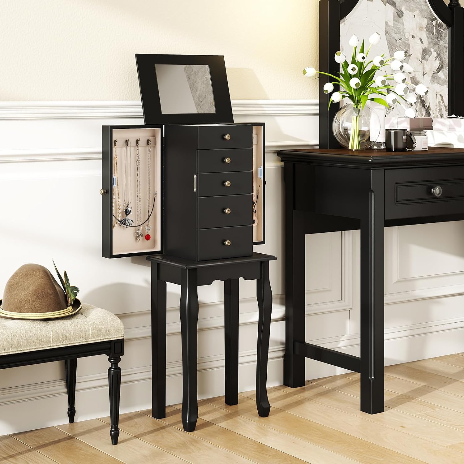 LOKO Freestanding Jewelry Armoire with 4 Drawers, Modern Jewelry Organizer with Flip Up Mirror, Top Storage Compartments, Side Doors, Space-Saving Jewelry Storage Chest for Girls, Women (Black)