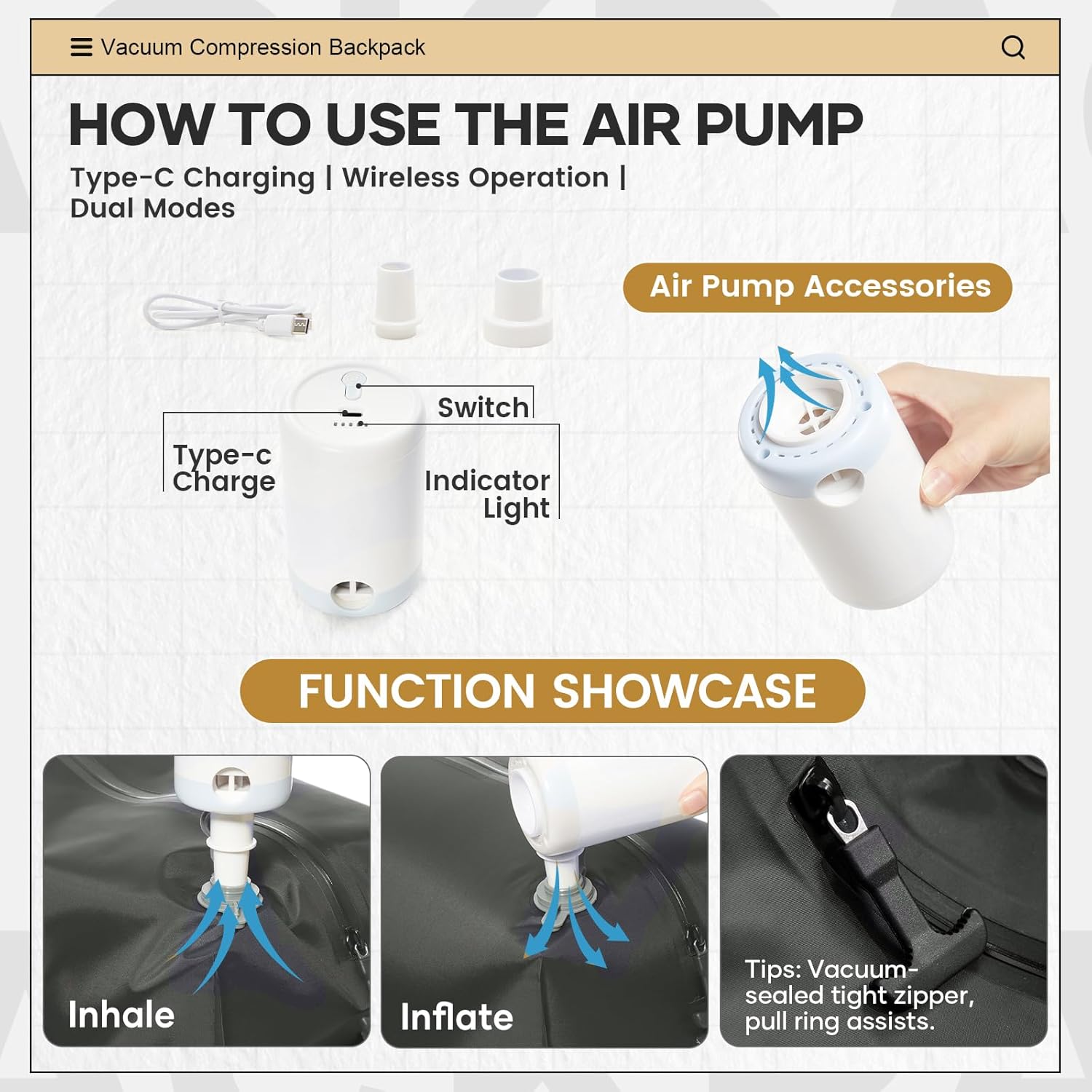 Vacuum Backpack Travel with Pump for Women, Personal Item Carry on Backpack Flight Approved 18x14x8 inches for Men, Waterproof Work Laptop Casual Daypack – Beige