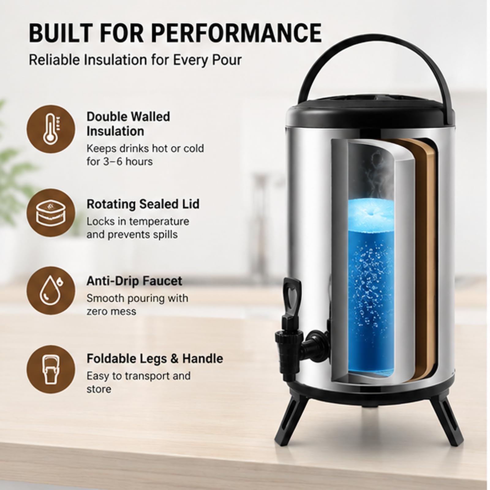 Dispensador de bebidas de acero inoxidable de 8 l con espiga, urna de café comercial y caldera de agua caliente, urna térmica de catering con aislamiento de doble pared, para bebidas frías y cali 12L