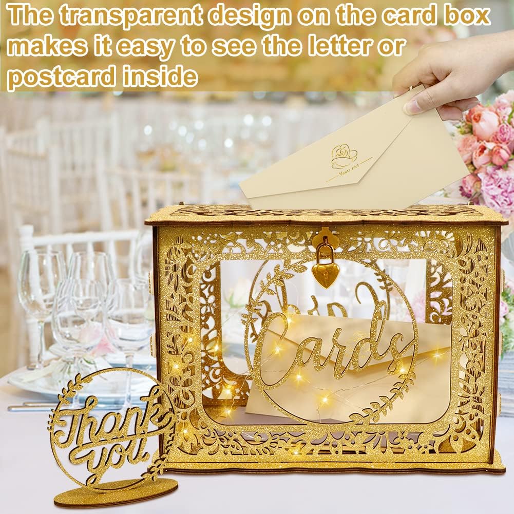 OurWarm Gold Card Box for Wedding, Glitter Wooden Wedding Card Box with Heart Lock and String Light, Gift Card Box Money Box for Wedding Reception Birthday Party Anniversary Graduation Decorations