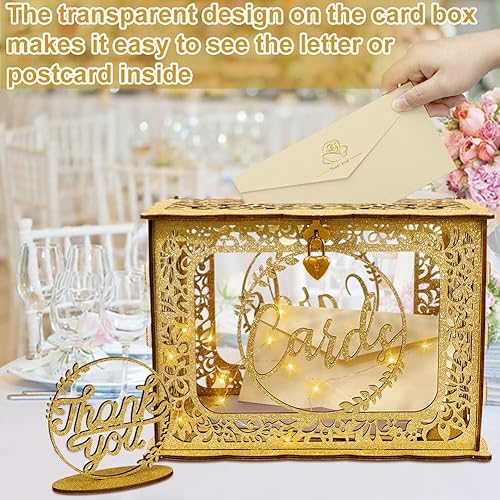 Miniatura 4 de OurWarm Caja de Tarjetas Dorada para Boda, Caja de Tarjetas de Boda de Madera con Purpurina con Cerradura de Corazón y Luces Decorativas, Caja de