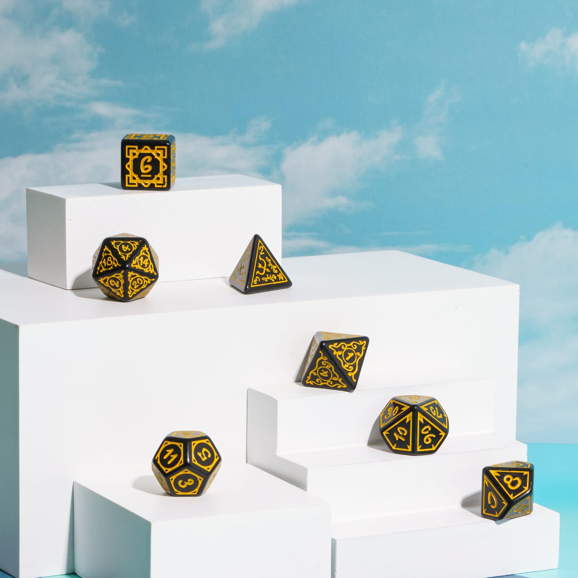 D&D Lot de 7 dés polyédriques DND avec sac à dés en cuir pour jeux de rôle Donjons et Dragons (Druide, noir et jaune)