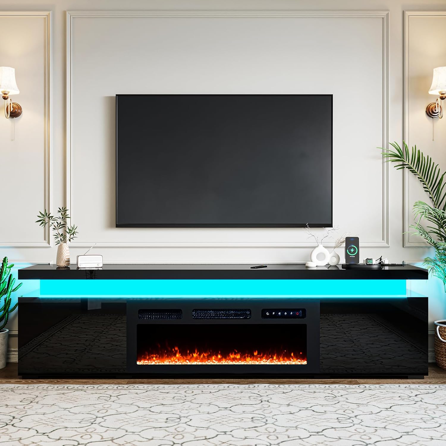 70.9'' Fireplace TV Stand for 75 Inch TVs, Modern Entertainment Centers with LED Lights, High Gloss TV Console with 40’’ Electric Fireplace and Power Outlet, Storage Open Shelves, Black