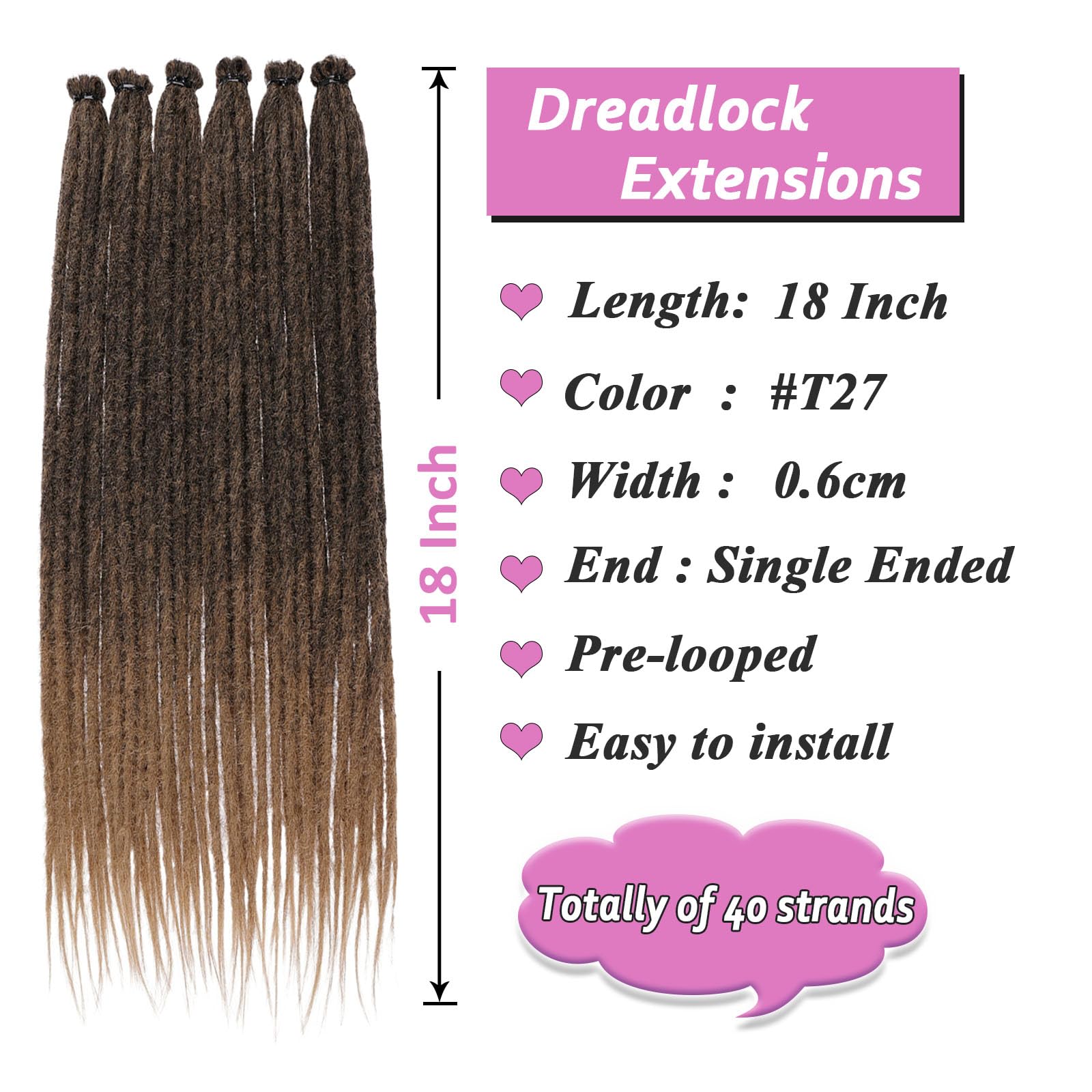 Samtress 40 Strands Ombre Blonde Dreadlock Extensions Hippie Single Ended Dreads 18 Inch SE Hippie Dreadlock 0.6cm Width Dreads Handmade Crochet Hair for Women (#T27) - Image 2