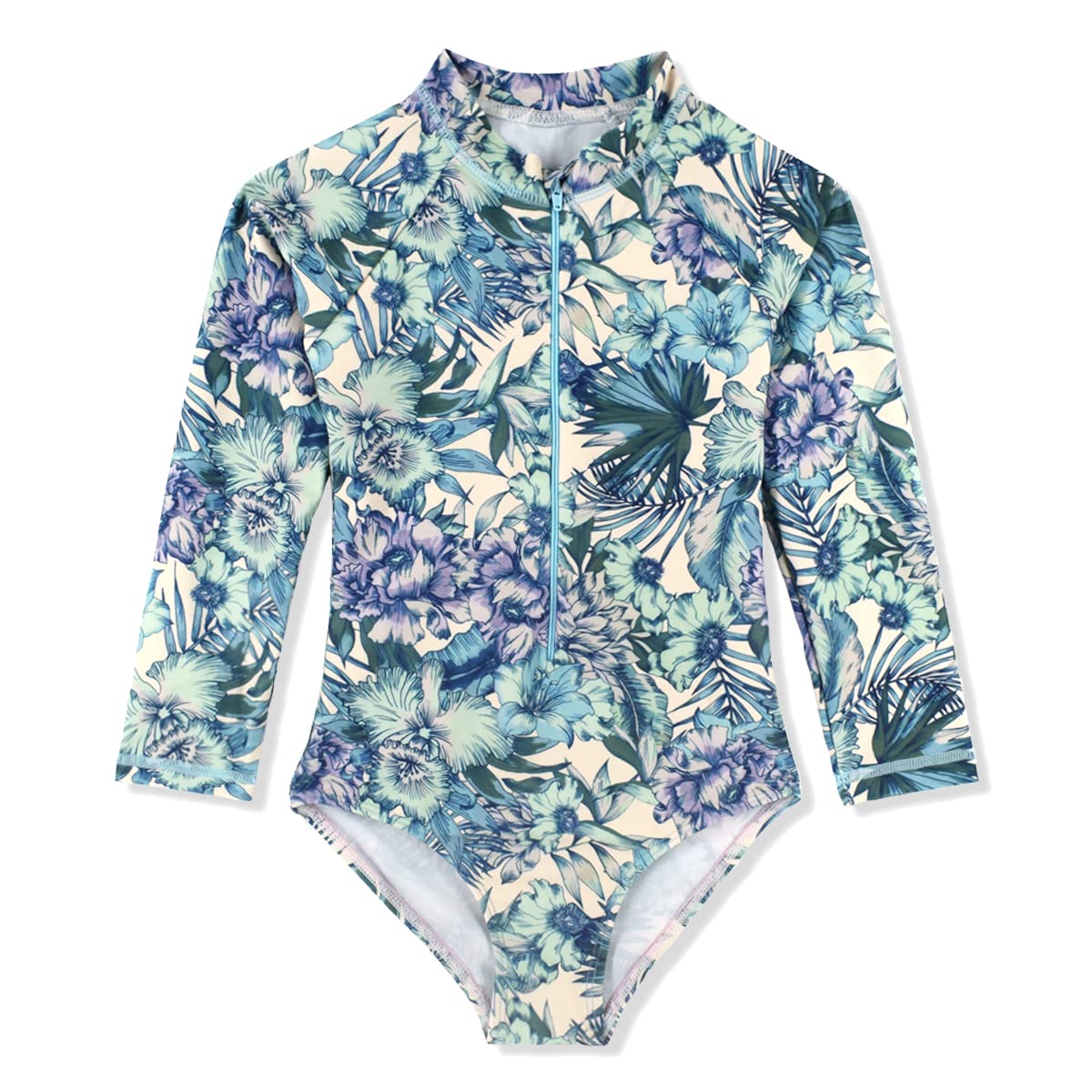 BAYIMEE Big Girls Swimsuits One Pieces Long Sleeve Swimwear Zipper Rashguard Bathing Suits UPF 50+ Blue 7T