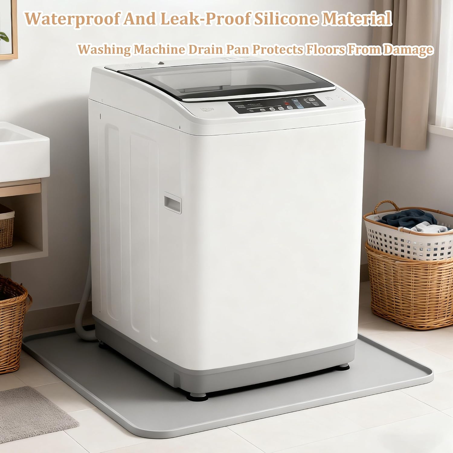Under Washer Machine Drip Pan, Washing Machine Drain Pan Silicone Mat Drain Pan 27x27 Inch Drip Pan for Washing Machine Anti-Vibration On-Slip Waterproof Floor Protector