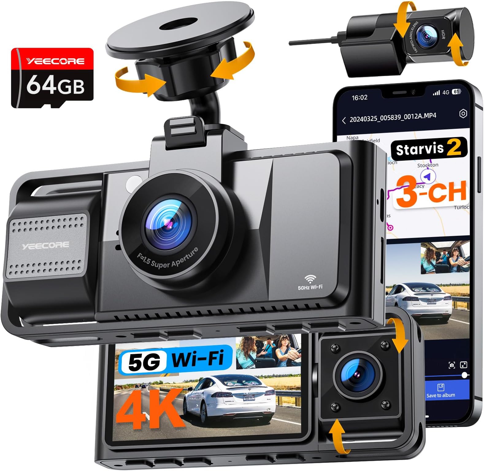 YEECORE 3-K Dash Cam 5G Wi-Fi GPS, Free 64GB Card, Starvis 2 Super Night Vision, 4K + 1080P + 1080P Front Interior and Rear Car Camera, Parking Mode, G-Sensor, Loop Recording, Supports 512GB
