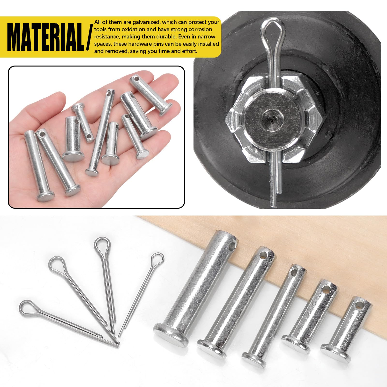 51 unidades de 18 tamaños de perno de horquilla de un solo agujero con 51 piezas de surtido de pasadores, M5 M6 M8 M10 M12 galvanizados Single Hole Clevis Pins, cabeza plana Clevis Pins con