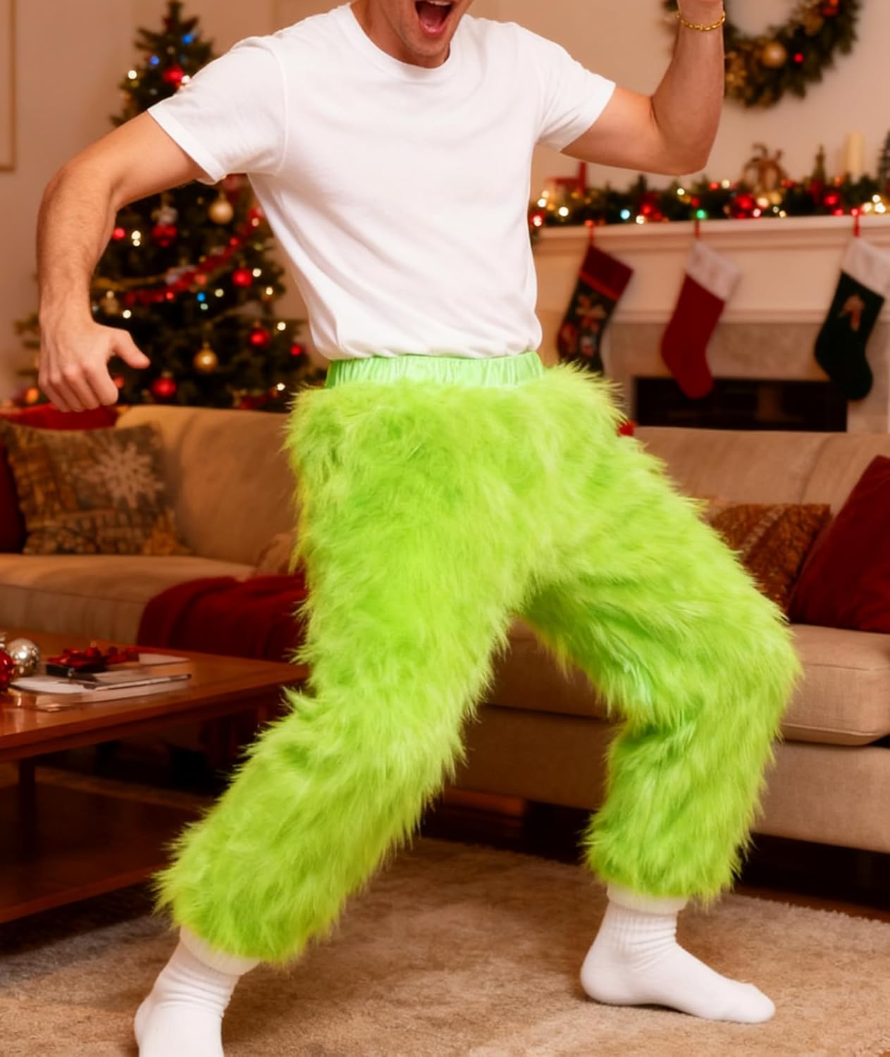 Christmas Adult Furry Green Pants, Cosplay Pants, Santa Monster Costume for Men, Halloween Holiday Funny Outfit - Image 4