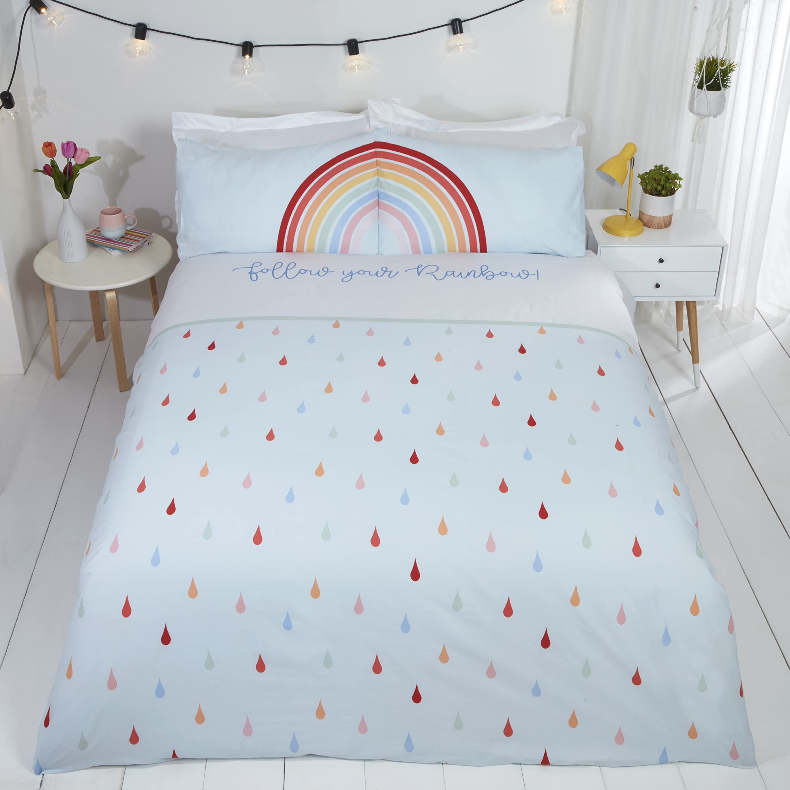 Rapport Home Rainbow & Raindrop King Size Duvet Set (230 x 220 cm) – Ultra-Soft Pastel Blue Polycotton Bedding Vibrant Multicolored Print Easy-Care Fabric With Popper Closure