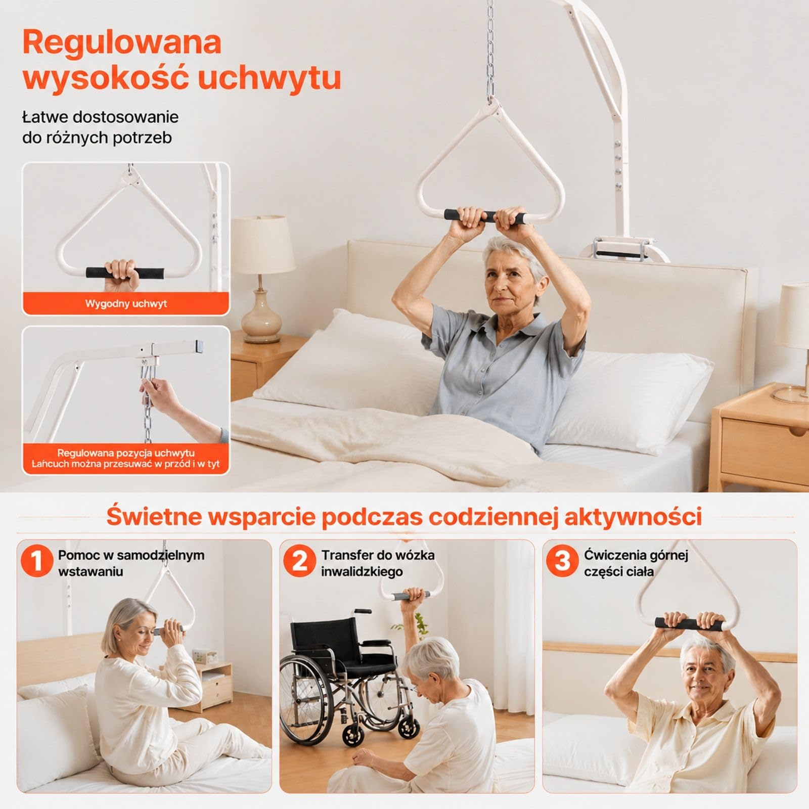 Stelaż nad łóżko z trójkątnym uchwytem i łańcuchem, stalowa konstrukcja do różnych łóżek