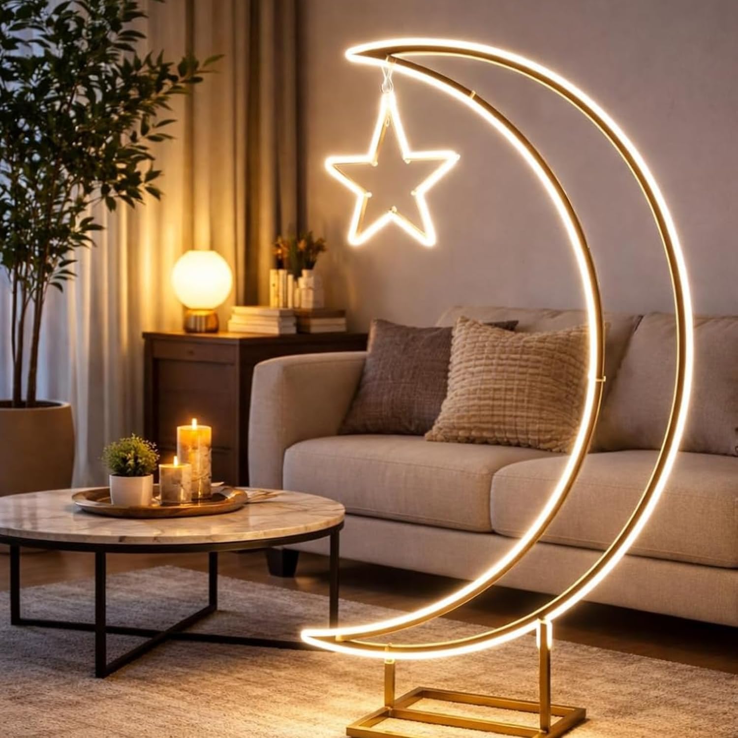 LED Moon Star Floor Lamp – Ramadan & Eid Decorative Light, Crescent Moon Lamp with Star, Warm White LED Standing Light for Living Room, Bedroom, Prayer Room & Islamic Home Décor