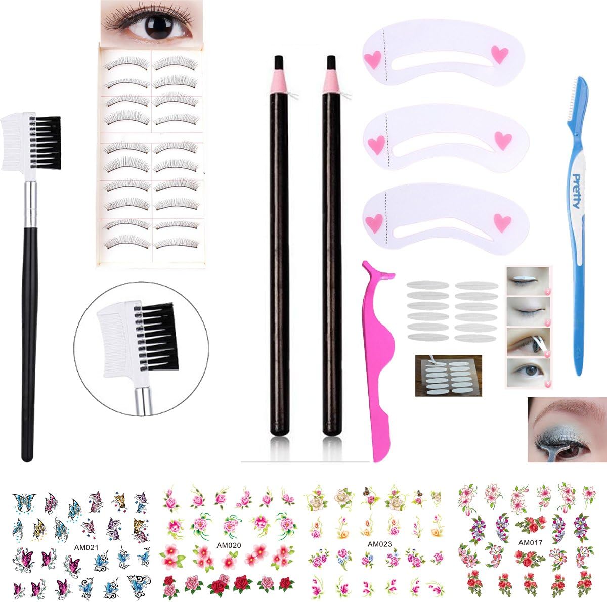 Black Waterproof Eyebrow Pencils False Eyelashes Double Eyelid Tape Eyelash Tweezers Eyebrow Shaper Brush Comb Eyebrow Stencils Nail Stickers Eye Makeup Set Kit (AABB005A)