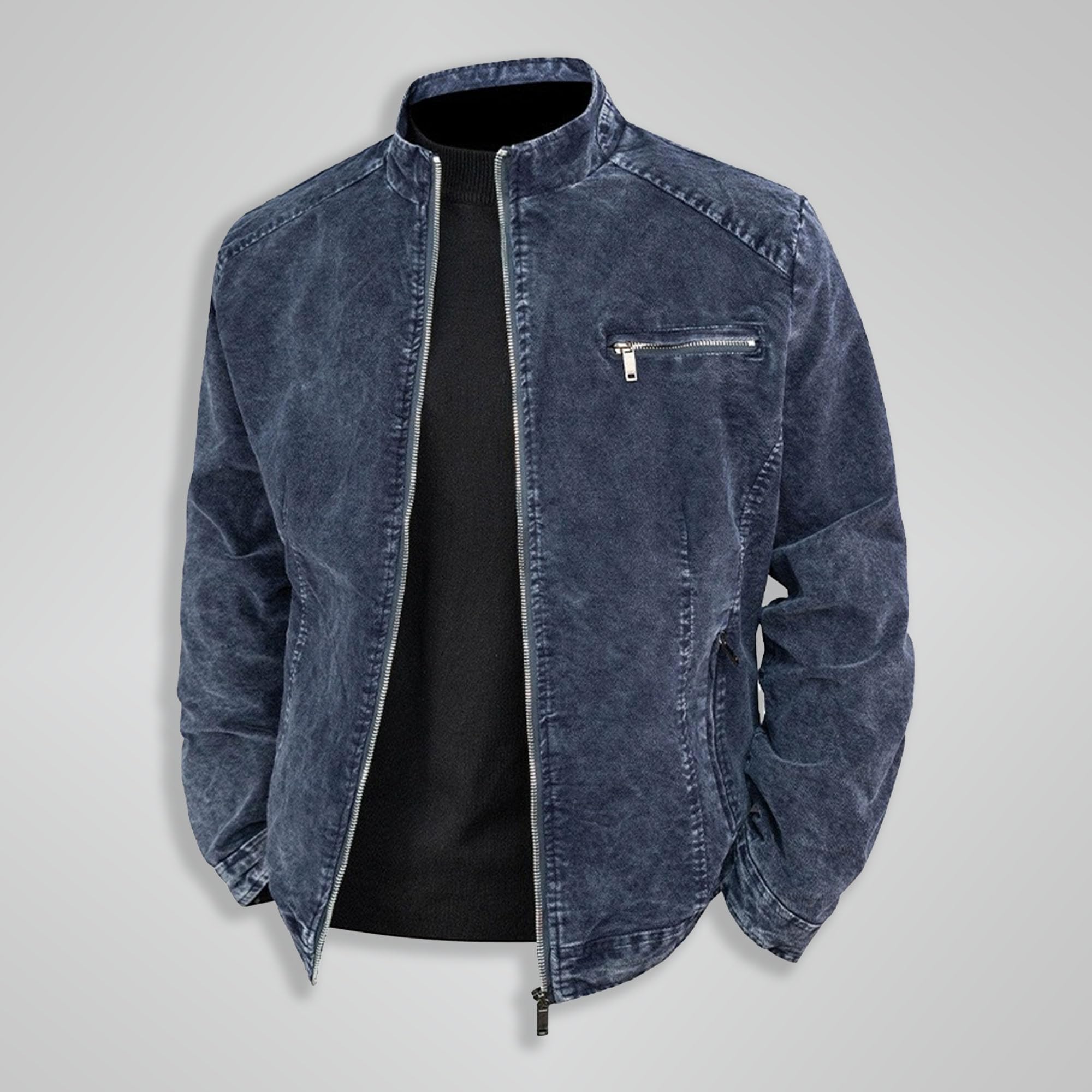 Męska kurtka dżinsowa ze stójką w trudnej sytuacji Moto Zipper Trucker