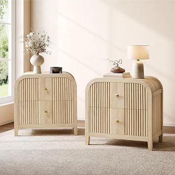 Set of 2 Modern 2-Drawer Nightstands with Curved R-Angle Top | Thickened Wood Bedside Table with Wave-Fluted Front and Brushed Copper Pulls for Bedroom, Living Room