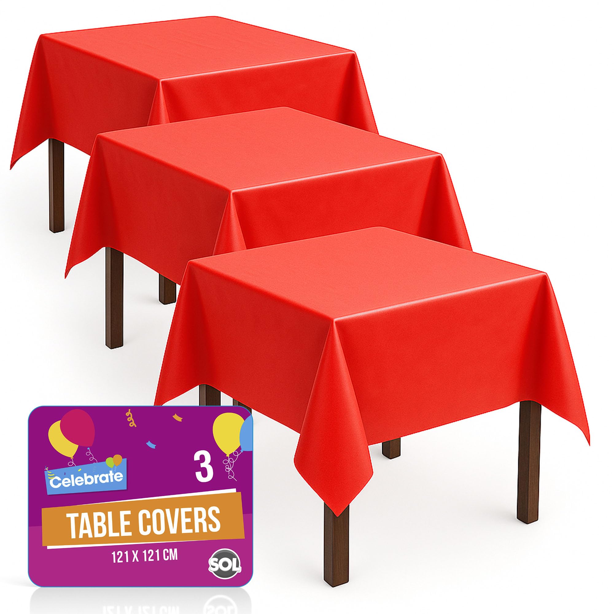 SOL 3pk Red Table Cloths Disposable 121x121cm Durable Plastic Cover For Christmas Chinese New Year Birthday Parties, Romantic Valentines, Weddings, Easter, Festive Sporting Events, Indoor or Outdoor