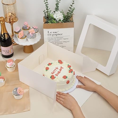 Vista 11 de Moretoes 10 cajas para tartas, cajas de panadería blancas de 12 x 12 x 6 pulgadas con ventana, adecuadas para cajas de pasteles de 10 pulgadas