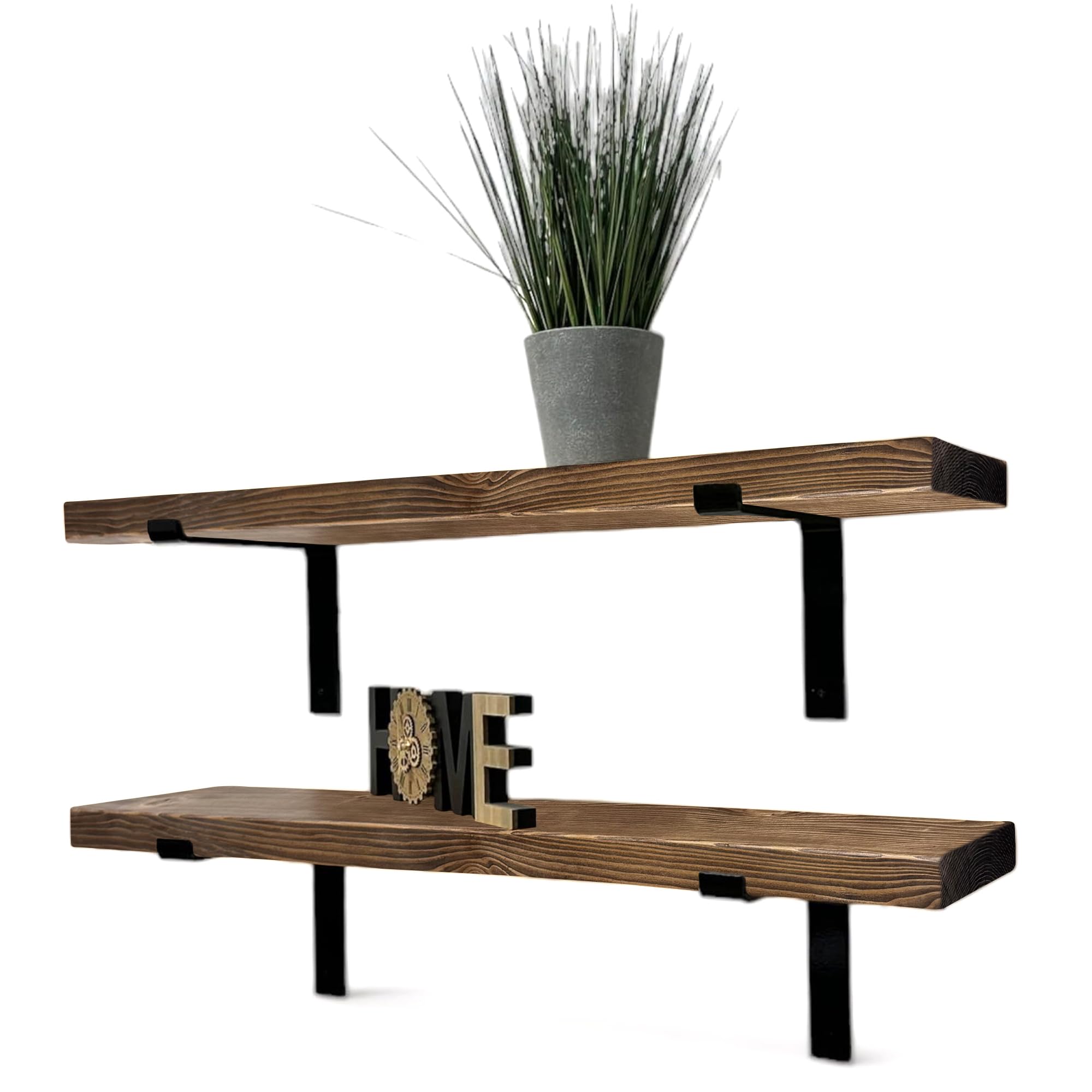 MKGT Set of 2 Rustic Shelves, Wooden Shelving with Brackets for Wall (Walnut, 40cm)