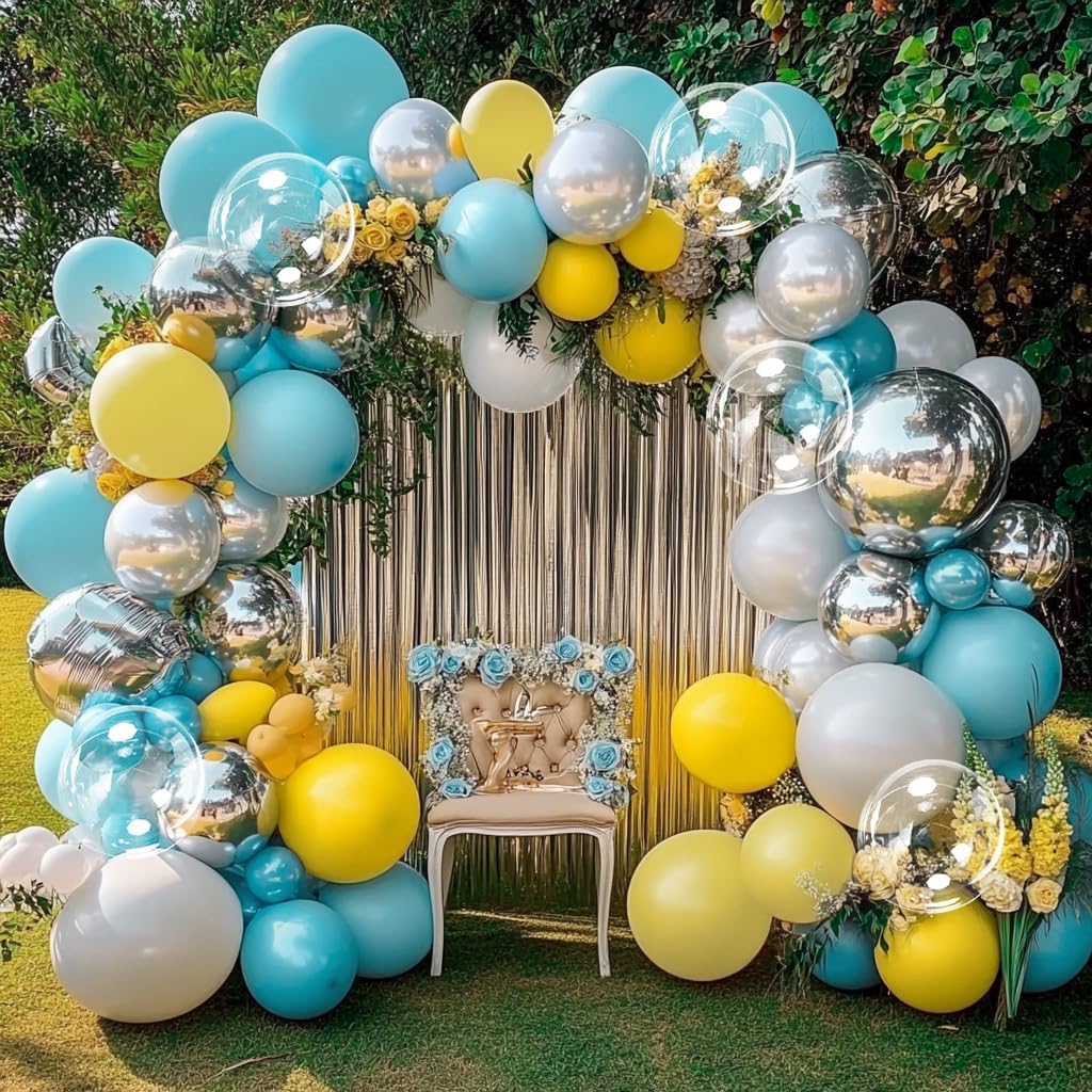 Blue White Silver Balloon Garland Arch DOUBLE STUFFED Yellow White Balloons Different Size for Birthday Baby Shower Bachelorette Bridal Shower Wedding Anniversary Party Decoration
